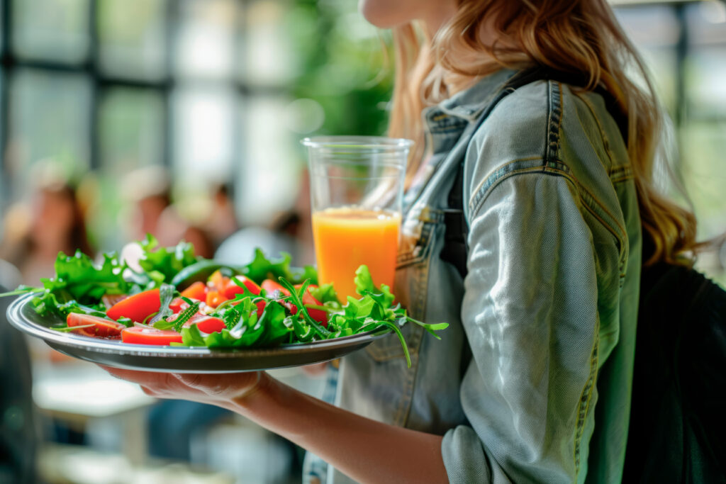 Young Caucasian girl student with long hair in denim shirt with backpack carries tray with tasty and healthy lunch, in university cafeteria, medium shot without face - Christian Counselors of Mooresville Eating a healthy salad will help you to feel better and regulate your diet.