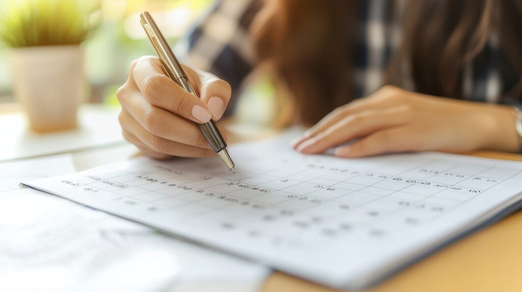 Female hand marking a calendar date with a pen - Christian Counselors of Mooresville Write down important dates on your calendar like when papers are due or exam dates.