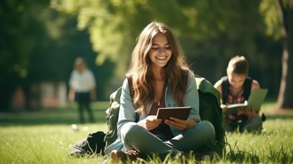 Young girl student with backpack and books sitting on grass with friends in park, Generative AI - Christian Counselors of Mooresville Studying outside on your college campus gives you opportunities to get some sun and see people.