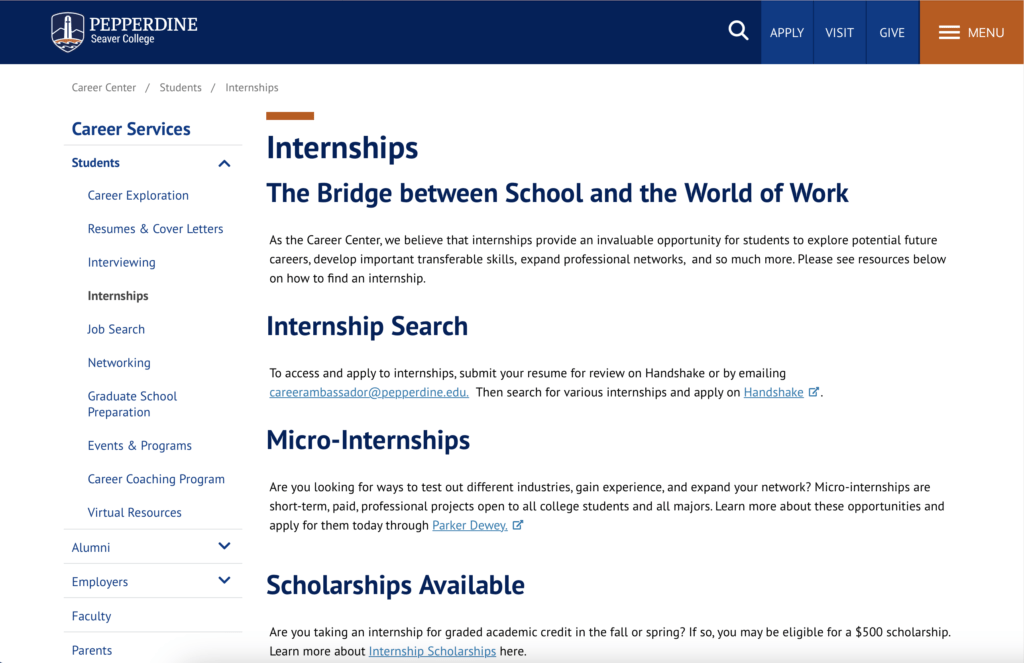 Internship opportunities at Pepperdine University - Christian Counselors of Mooresville Pepperdine University has a tool called Handshake to help you find an internship as well as micro-internships and scholarships available as part of an internship.