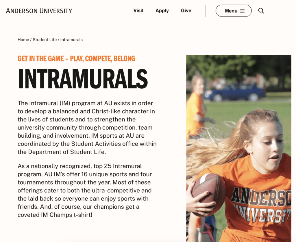 Anderson University Intramural Sports - Christian Counselors of Mooresville Anderson University in Anderson, IN offers 16 unique sports and 4 tournaments through the year.