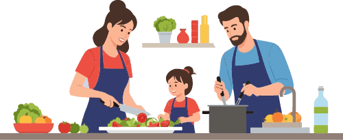 Family cooking together_1 - Christian Counselors of Mooresville Some families split up responsibilities and cook together which lightens the mental load.